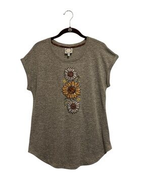 Tru Self Boho Sunflower Embroidered Top Heather Brown Small